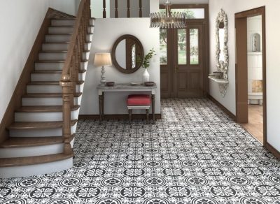 black and white tiles in a hallway look amazing. Available at Ceramic City