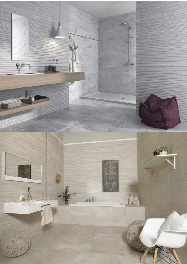 a stunning bathroom finished in nature grey and nature bone ceramic tiles
